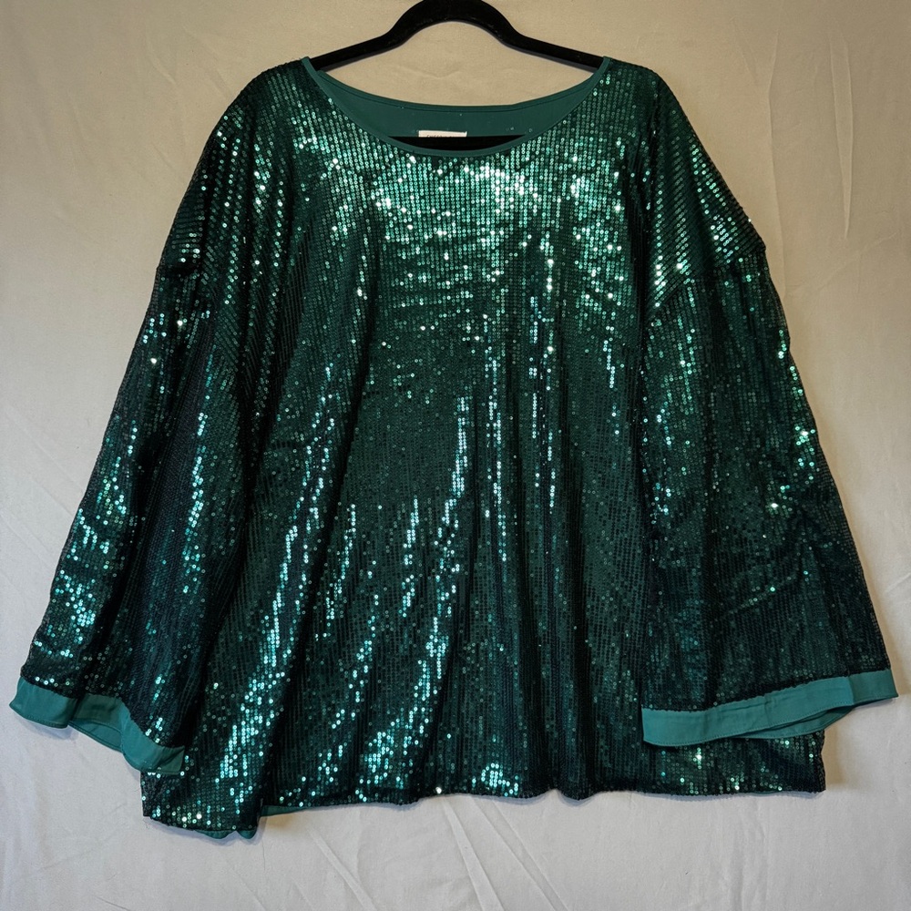 Chic Soul Womens Sequin Top Size 2XL Green Party Event Flare Sleeve Flowy Glam